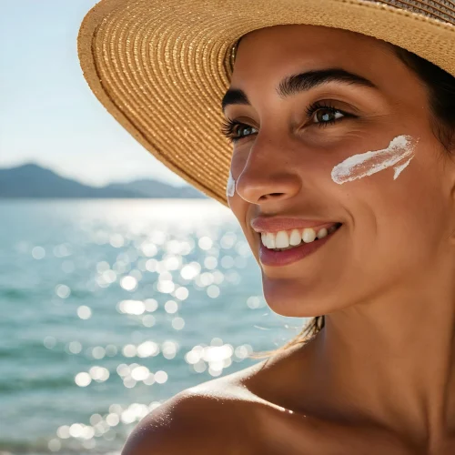 woman applying sunscreen beach
